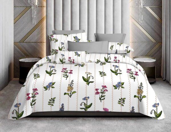 Bliss & Charm Luxury King Size Cotton Bedsheet Set (90×102 inches) with 2 King Pillow Covers – White & Multicolor